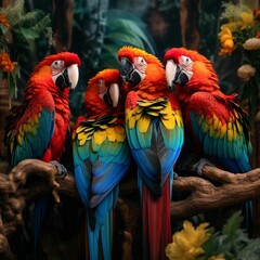 AI generated illustration of tropical macaw parrots in a green jungle