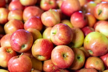 Fototapeta na wymiar Detail of a bushel of ripe red apples on display in the market.