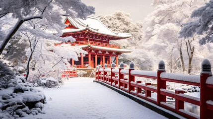 雪と寺、日本的なお寺の冬の風景 - obrazy, fototapety, plakaty