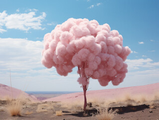 A pink tree in the middle of a desert