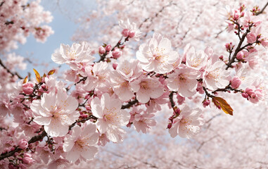 Pink sakura or cherry blossom, blooming flowers with blurred background