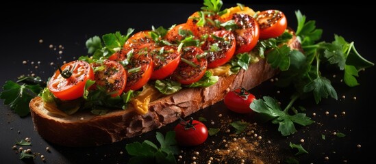 A close up perspective of a sandwich featuring tomatoes and herbs as seen from above