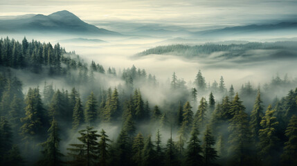 A forest filled with lots of trees covered in fog - obrazy, fototapety, plakaty