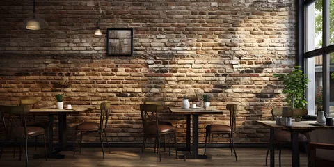 Zelfklevend Fotobehang Vintage Elegance: A Restaurant Interior with Rustic Brick Wall and Bar,AI Generative  © aamir