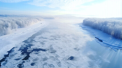 Obraz premium 冬の風景、凍った川の雪景色、空撮