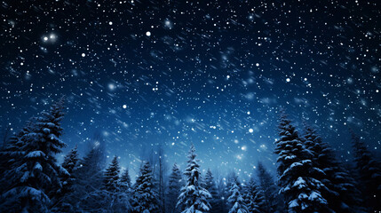冬の夜の森、夜空の星と雪景色の自然風景 - obrazy, fototapety, plakaty
