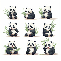 Panda bears drawing sitting on the ground eating a bamboo leaf on a white background