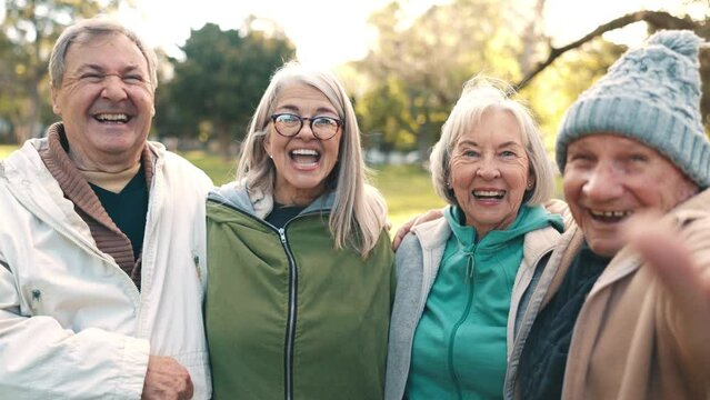 Selfie, elderly people and smile with happiness in park for wellness, fitness or together in retirement. Man, woman or friends with profile picture, social media or post for nature, trees or woods
