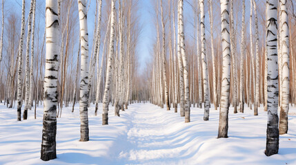 雪の白樺の林、自然の冬の風景