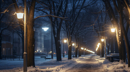 冬の夜の道、雪が積もった歩道の風景 - obrazy, fototapety, plakaty