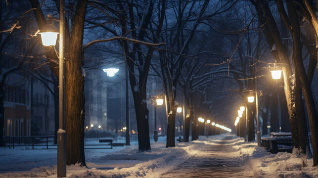 冬の夜の道、雪が積もった歩道の風景