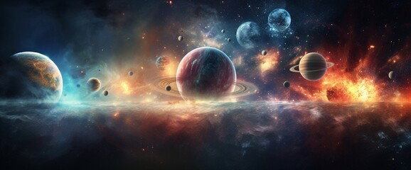 Sun, planets of the solar system and planet Earth, galaxies, stars, comet, asteroid, meteorite, nebula. Space panorama of the universe. - obrazy, fototapety, plakaty