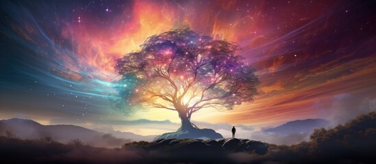 Fototapeta na wymiar A digital artwork and image editing background featuring a sunset on a mountain with a tree where a silhouette of a young woman stands against a colorful fractal nebula and haze