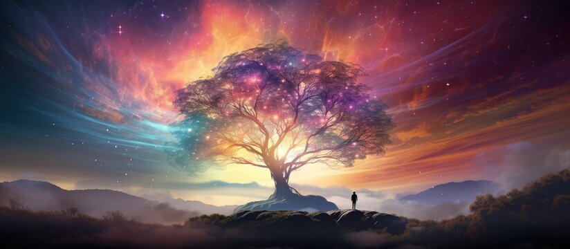 A digital artwork and image editing background featuring a sunset on a mountain with a tree where a silhouette of a young woman stands against a colorful fractal nebula and haze