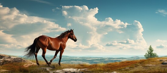 There is a hill where a horse can be seen and it is brown in color