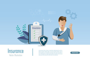 Broken arm man in OK manner with health insurance protection. Vector. - obrazy, fototapety, plakaty