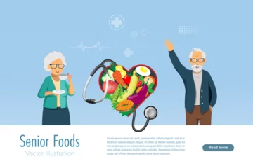 Foto op Plexiglas Healthy foods for elderly. Senior couple with low calories foods and vegetables in heart shape with stethoscope. Healthy aging, active elderly. Vector. © Kate3155