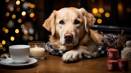 Cute dog with long, soft, light brown fur, wrapped in a plaid blanket, on the floor, under a large Christmas tree, with colorful lights, a white cup of hot chocolate and candles, generative AI
