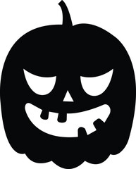 Black fill Cute Halloween Pumpkin icon. Smiling cartoon lantern face. Halloween holiday character in the shape of pumpkin. Halloween pumpkin day symbol isolated on transparent background.