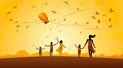 children flying kite in yellowish silhouette mandala in background for template