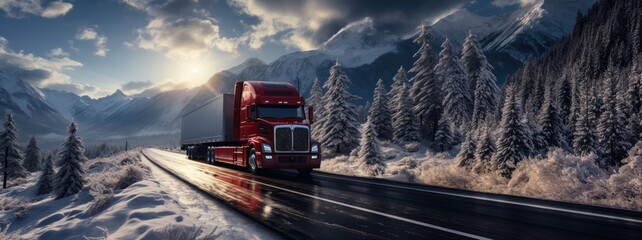 Snow on red semi truck traveling on winter road with mountain background