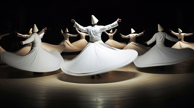 a gathering of Turkish whirling dervishes in white clothing is depicted in konya
