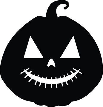 Black fill Cute Halloween Pumpkin icon. Smiling cartoon lantern face. Halloween holiday character in the shape of pumpkin. Halloween pumpkin day symbol isolated on transparent background.