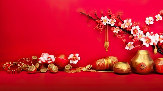 Chinese New Year decorations with red background with assorted festival decorations