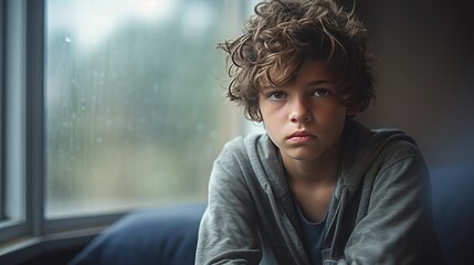 Young sad mad sitting by the window in the house, young boy angry or worried
