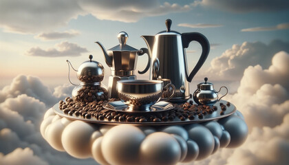 An image of aromatic beans, a refined coffee cup, and modern kettles floating in the sky - Generative AI - obrazy, fototapety, plakaty