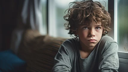 Fotobehang Young sad mad sitting by the window in the house, young boy angry or worried © CStock