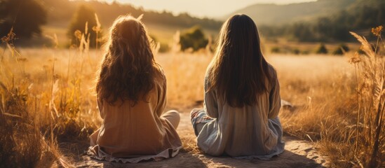 Two young women seated on the pavement facing the opposite direction and gazing into the distance with their hands raised