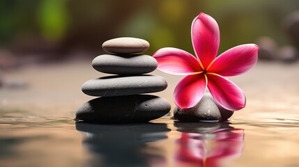 Obraz na płótnie Canvas zen stones with deep red plumeria flower on blurred background.copy space
