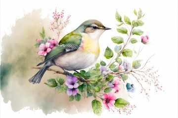 AI generated illustration of a vibrant bird perched atop a branch surrounded by pink blossoms