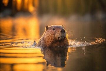 AI-generated illustration of A beaver swimming in tranquil water at a majestic sunset