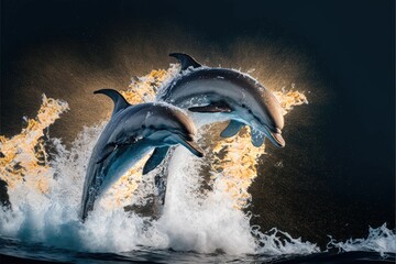 AI generated illustration of Two dolphins jumping out of the water