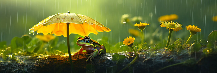 Frogs resting in a lake with autumn leaves.Frog with umbrella - obrazy, fototapety, plakaty