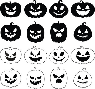 Black flat Cute Halloween Pumpkins Set. Smiling cartoon lantern faces editable stock. Halloween holiday character in shape of pumpkin. Halloween pumpkin day symbol isolated on transparent background.