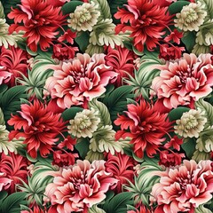 Seamless pattern with red and white dahlias. Vector illustration.