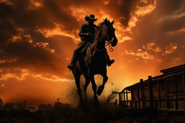  Bronco and rider silhouetted against the evening sky, Generative AI  - obrazy, fototapety, plakaty