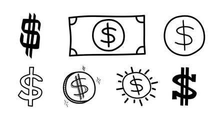 Dollar Hand-drawn doodle sign icon symbol set. Dollar money vector brushstrokes punctuation illustration on white background