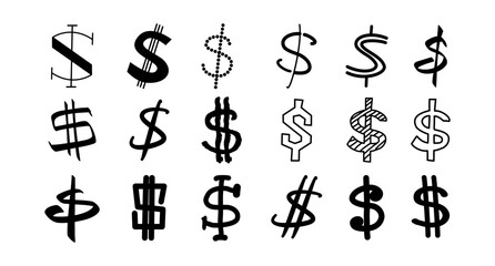 Dollar Hand-drawn doodle sign icon symbol set. Dollar money vector brushstrokes punctuation illustration on white background