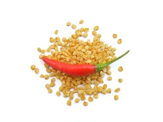 Cooking spice chili seeds on white background