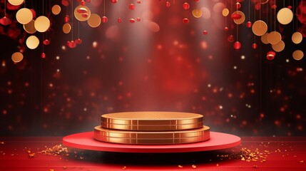 Chinese red background podium 3d stage product year new gold china lunar luxury stand. Golden...