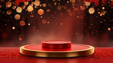 Fotobehang Chinese red background podium 3d stage product year new gold china lunar luxury stand. Golden chinese display background red award pedestal abstract light studio shape asian circle happy modern maroon © Максим Зайков
