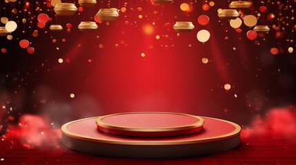 Chinese red background podium 3d stage product year new gold china lunar luxury stand. Golden chinese display background red award pedestal abstract light studio shape asian circle happy modern maroon - obrazy, fototapety, plakaty
