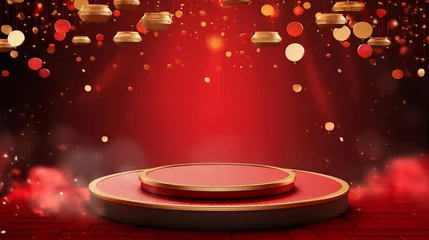  Chinese red background podium 3d stage product year new gold china lunar luxury stand. Golden chinese display background red award pedestal abstract light studio shape asian circle happy modern maroon © Максим Зайков