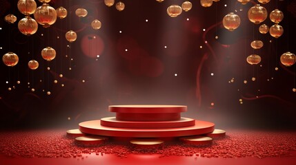 Chinese red background podium 3d stage product year new gold china lunar luxury stand. Golden chinese display background red award pedestal abstract light studio shape asian circle happy modern maroon - obrazy, fototapety, plakaty