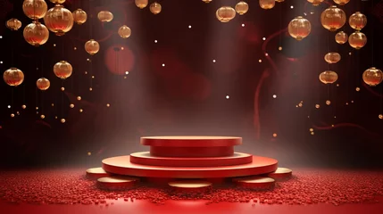 Schilderijen op glas Chinese red background podium 3d stage product year new gold china lunar luxury stand. Golden chinese display background red award pedestal abstract light studio shape asian circle happy modern maroon © Максим Зайков