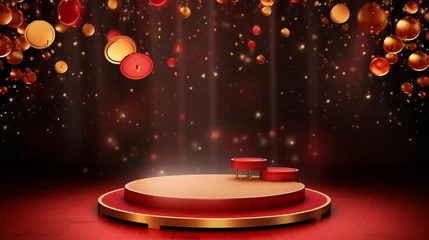  Chinese red background podium 3d stage product year new gold china lunar luxury stand. Golden chinese display background red award pedestal abstract light studio shape asian circle happy modern maroon © Максим Зайков